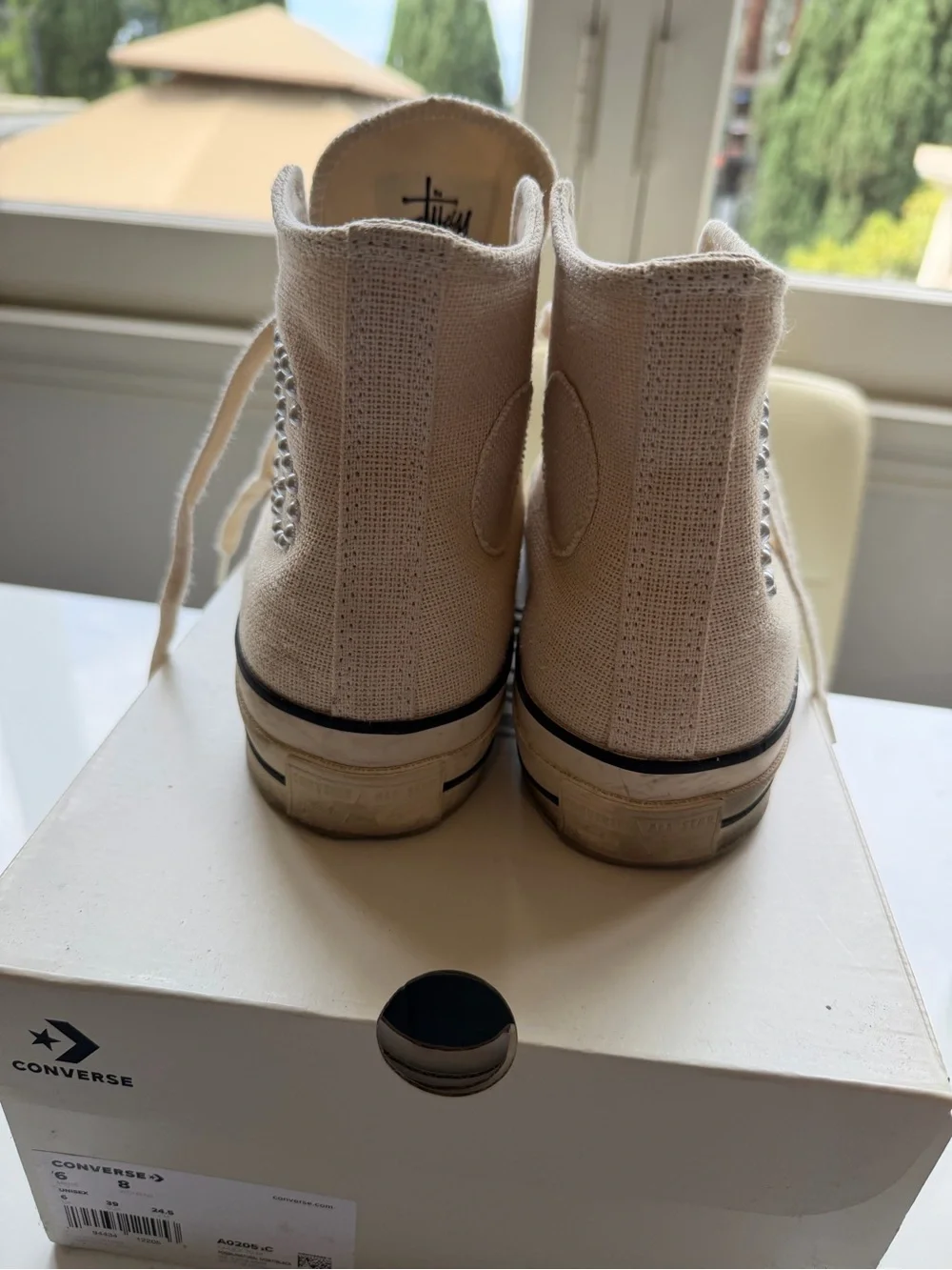 Converse High Top Sneakers in Cream with Black Trim and Rhinestone Star